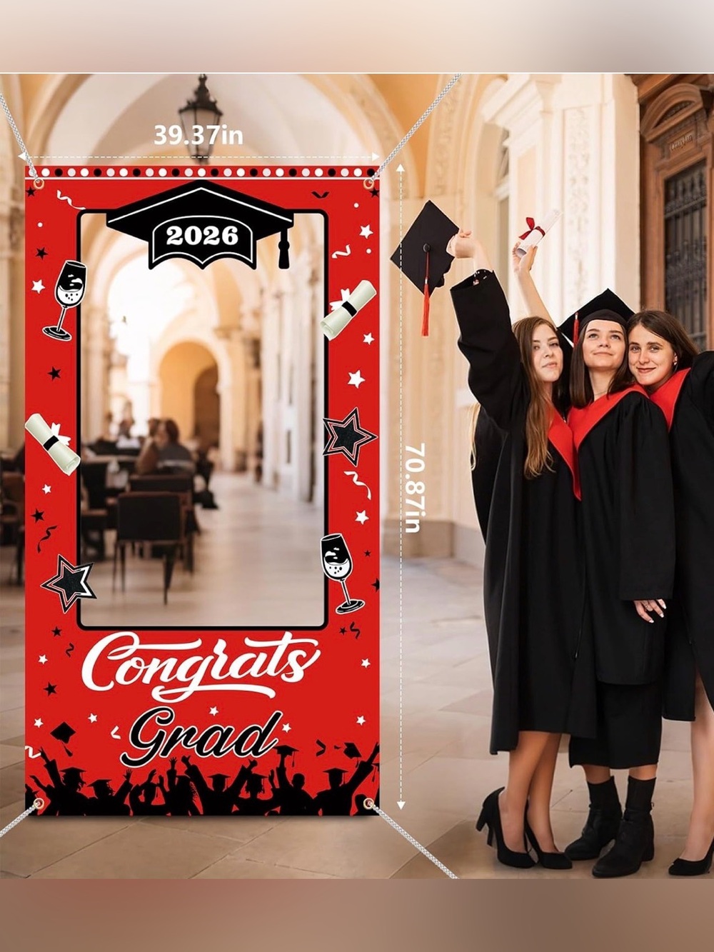 Congrats Grad 2026 Red & Black Graduation Photo Frame Backdrop